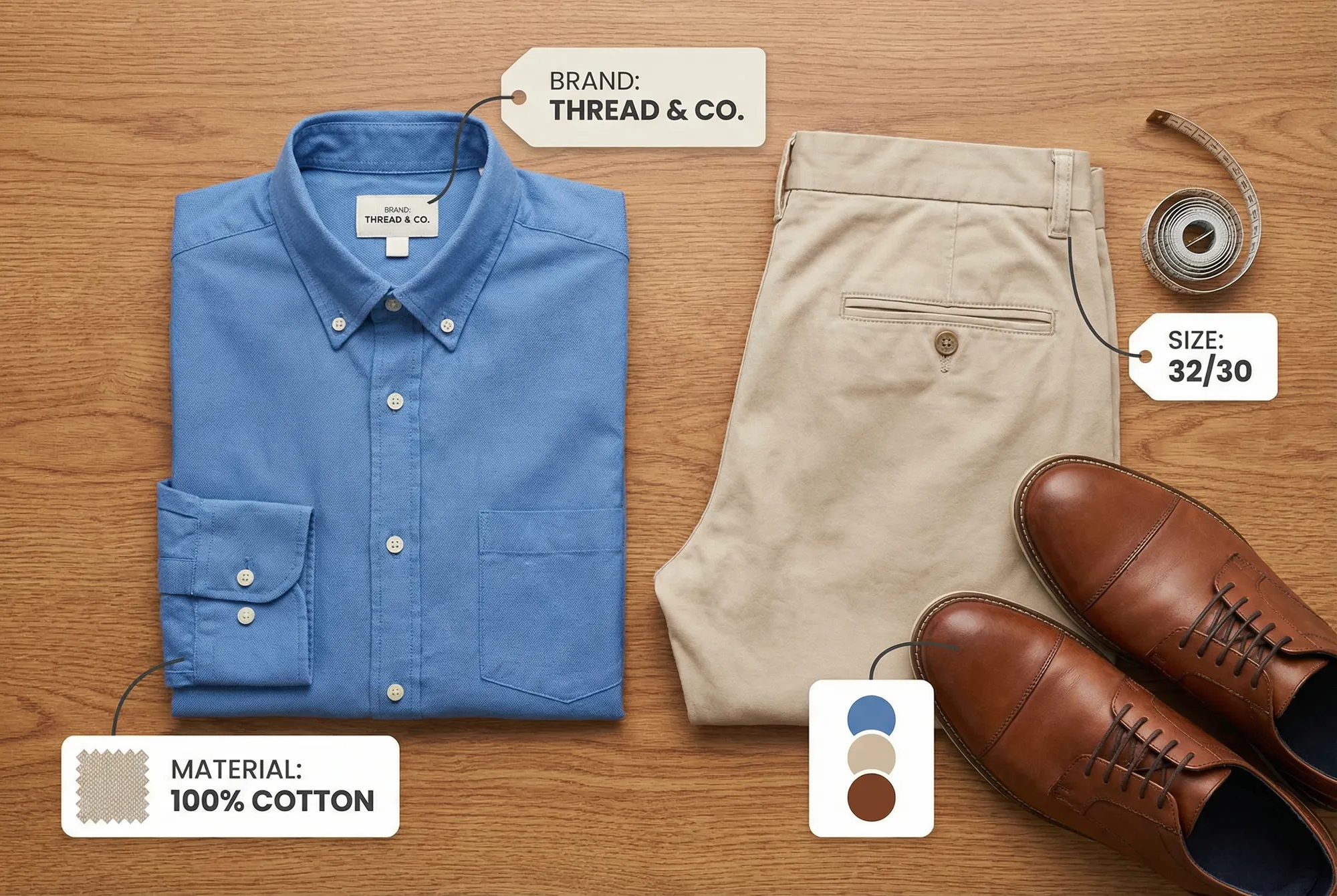 Flat lay arrangement of clothing items including shirt, pants and shoes with visual labels indicating key item specifics: brand tag, size label, color palette, and fabric texture icons