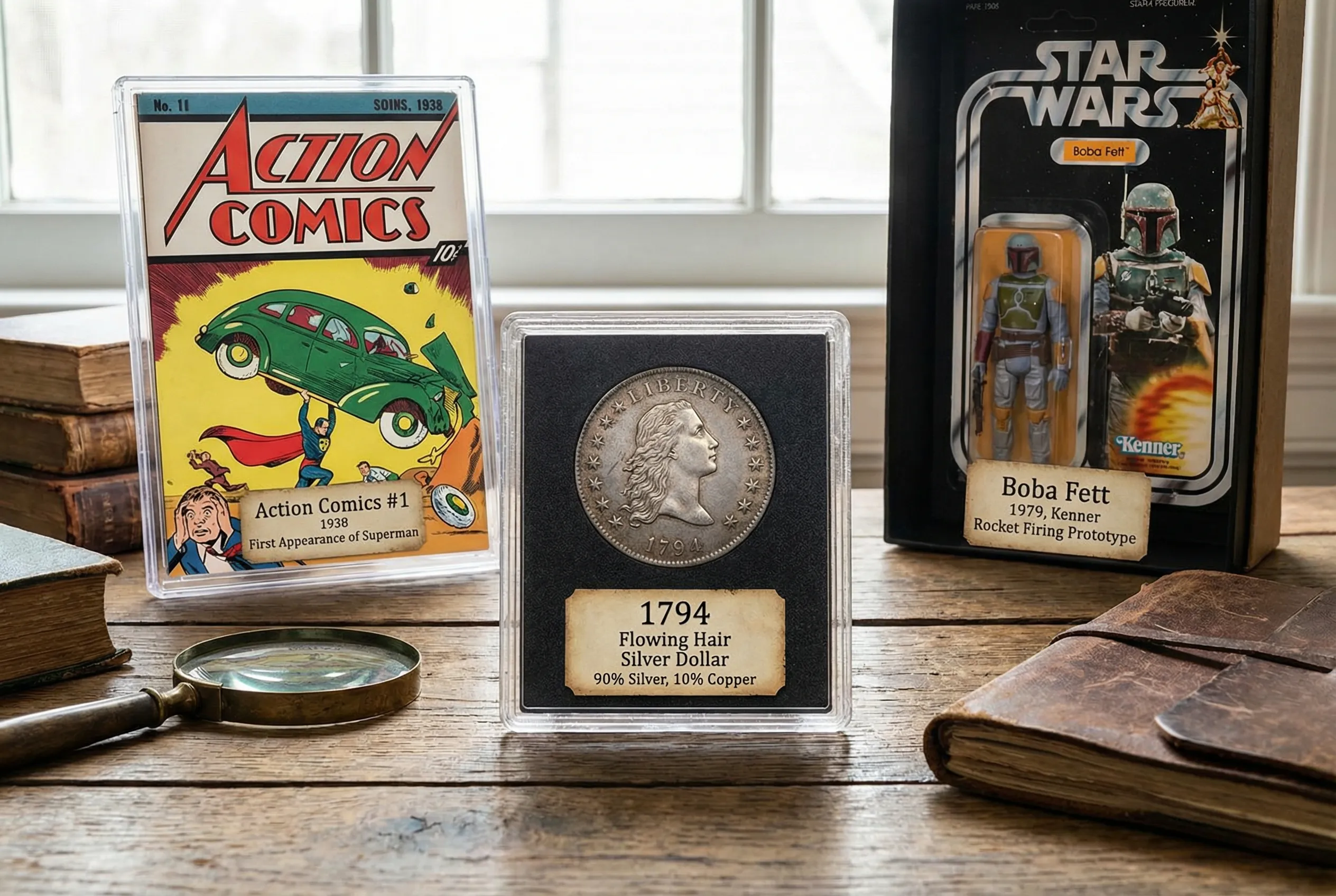 Collection of vintage items including coin, comic book and action figure with labels highlighting year, condition, and franchise item specifics