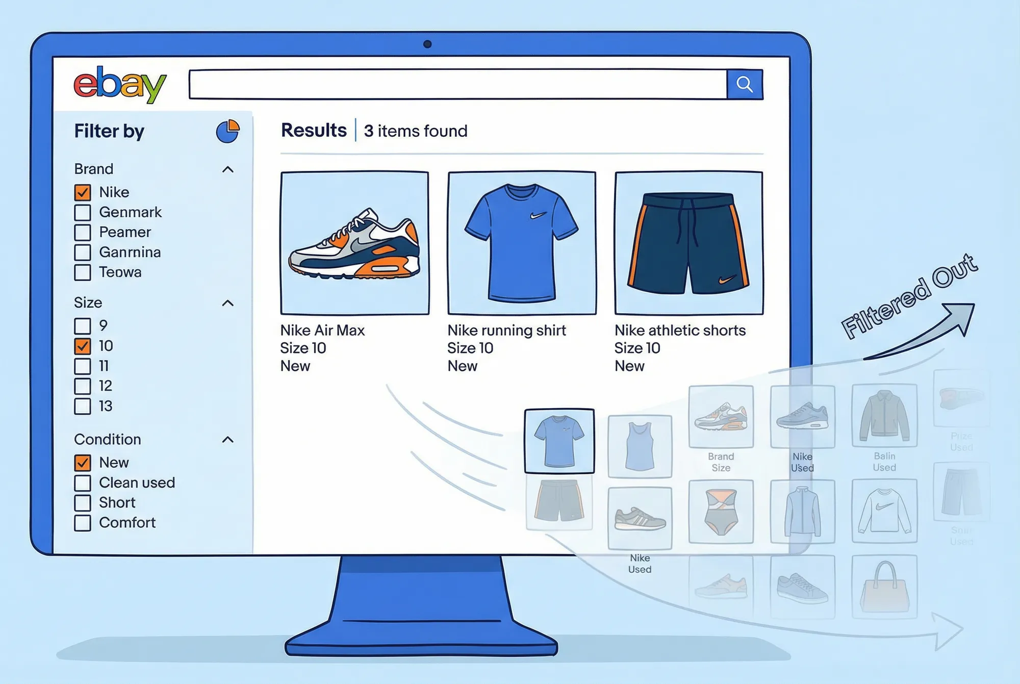 eBay search results page with left-hand filter sidebar showing Brand, Size, Color and other item specific filters actively narrowing down product results