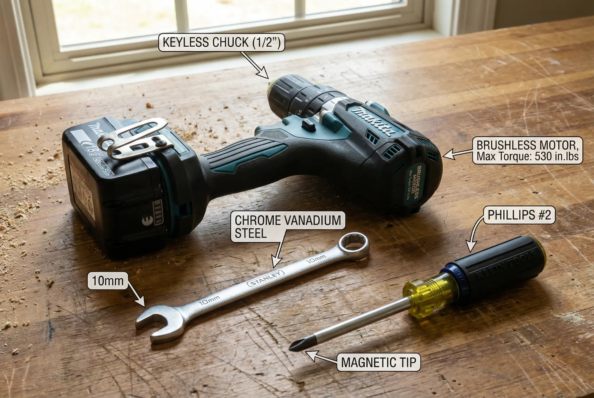 Power tools display featuring cordless drill and hand tools with specification callouts: 18V battery label, brand logo badge, 10mm size indicator, highlighting essential tool item specifics