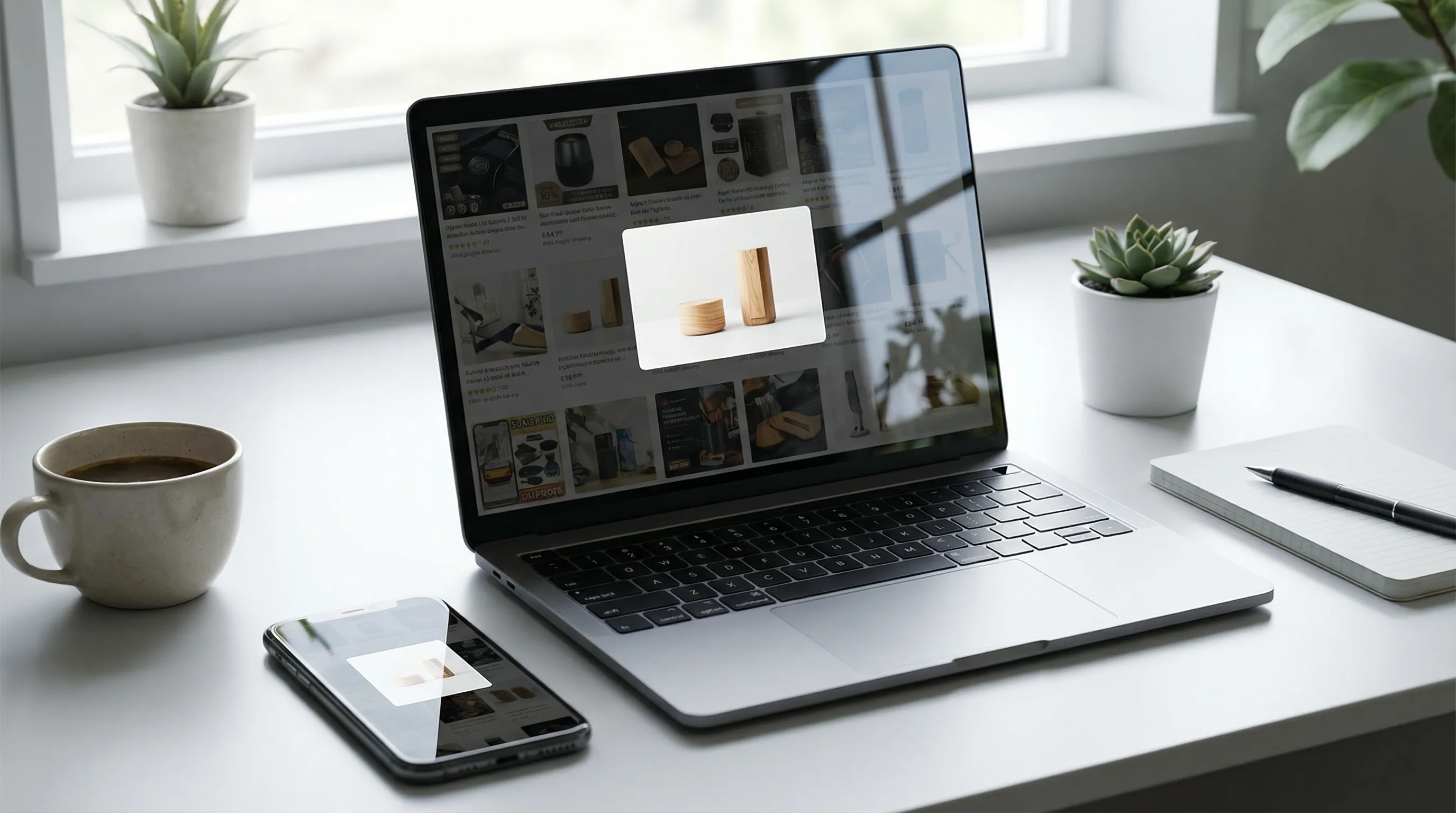 The Marketplace Photo Playbook guide showing professional product photography setup with camera, lighting, and styled products