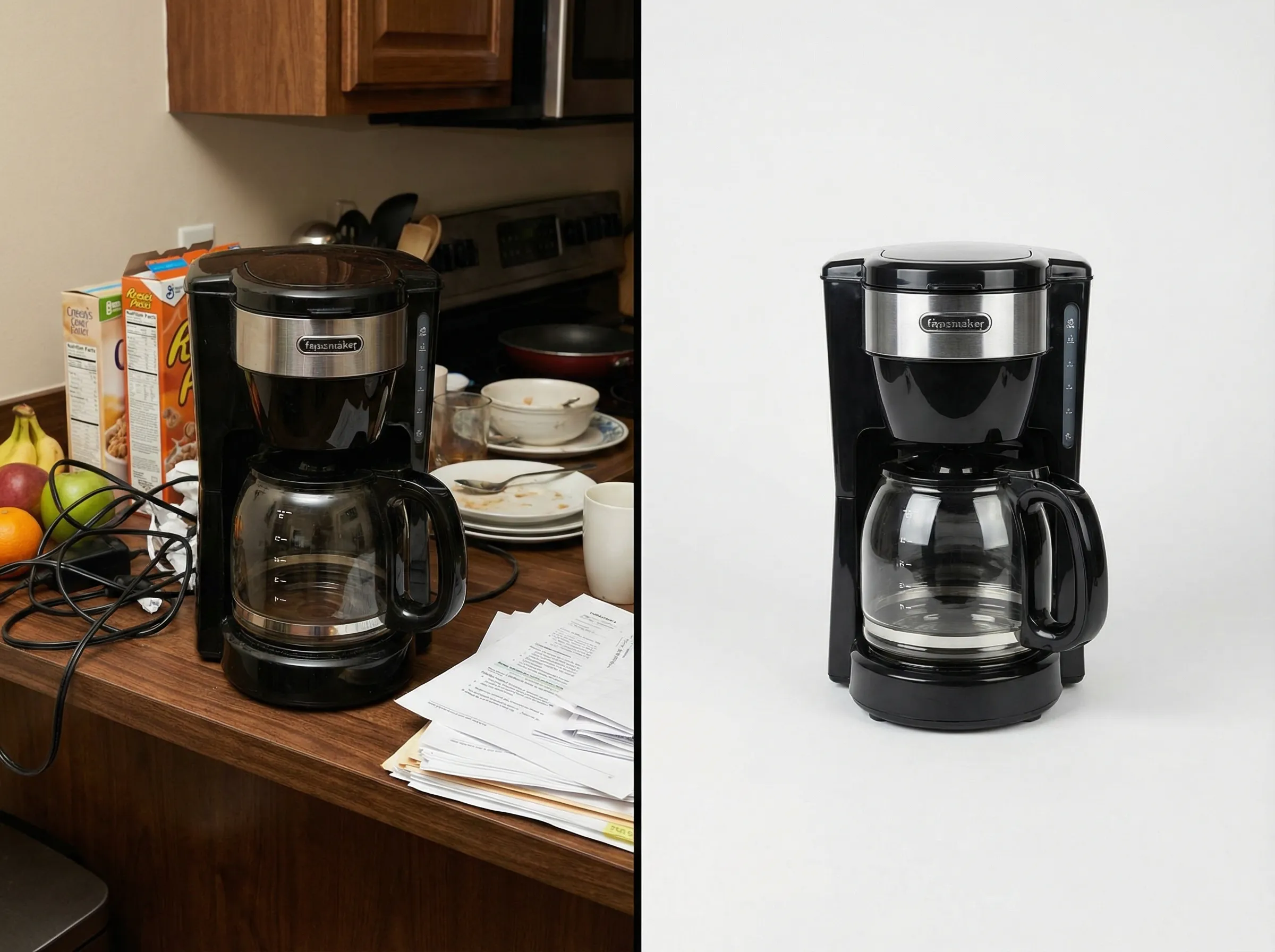 Comparison showing cluttered background versus clean neutral background for product photography