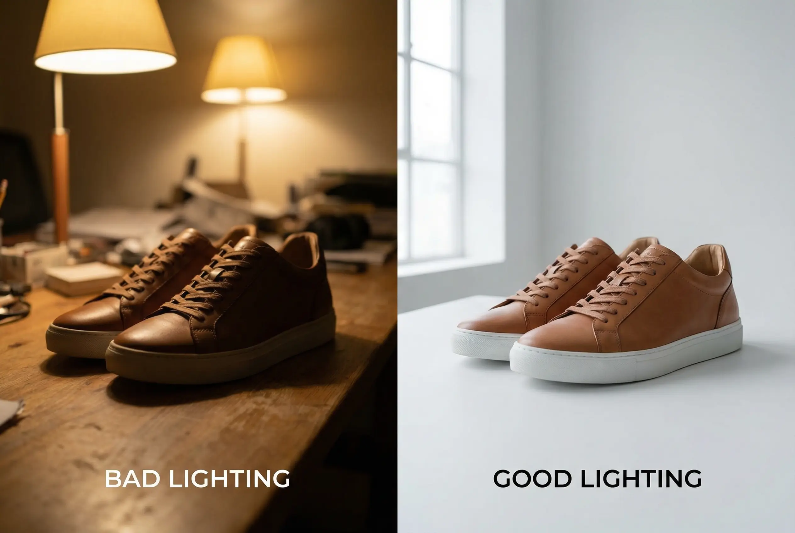 Side-by-side comparison of product photo with poor yellowish lighting versus professional neutral white lighting