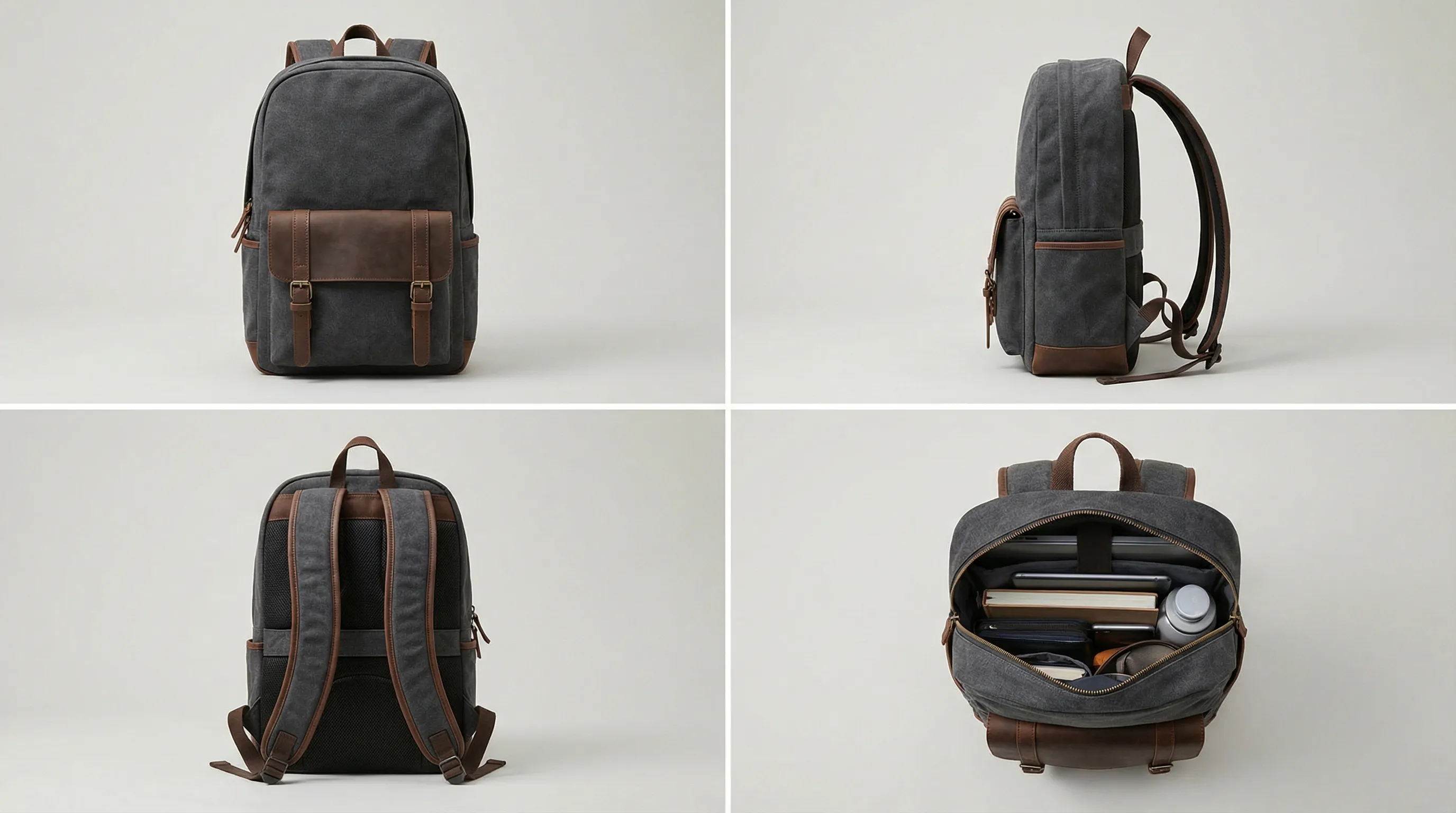Multiple angle demonstration of product photography showing front, side, and detailed views of a backpack